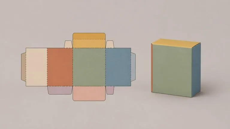 A dieline whose coloured panels appear on the matching faces of the folded box beside it