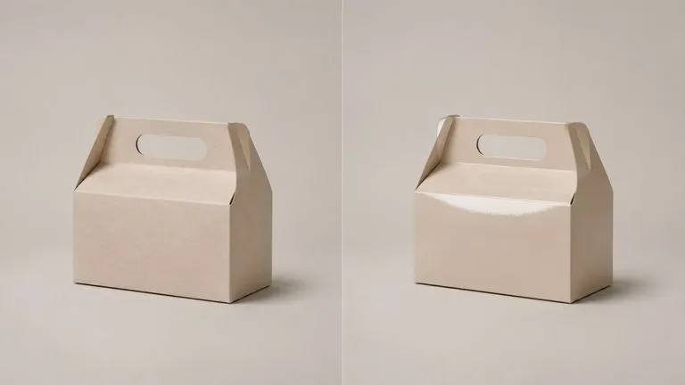 One carton rendered twice, in matte uncoated board on the left and gloss laminate on the right