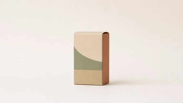 A folded carton render presented alone on a clean pale board for a client review