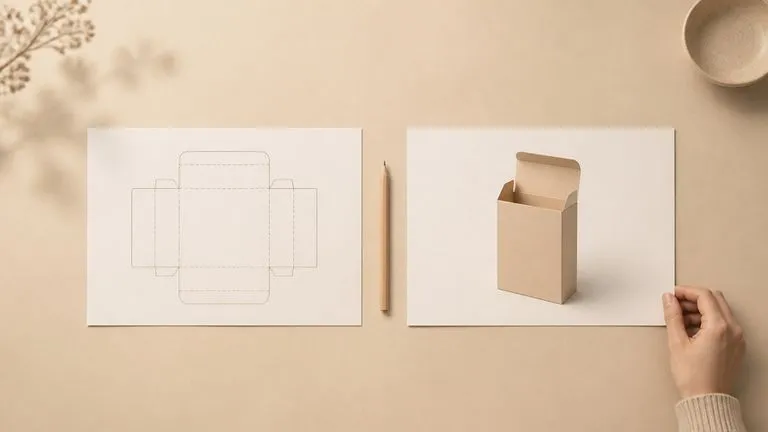 A designer's desk from above with a printed flat dieline beside a printed render of the folded box