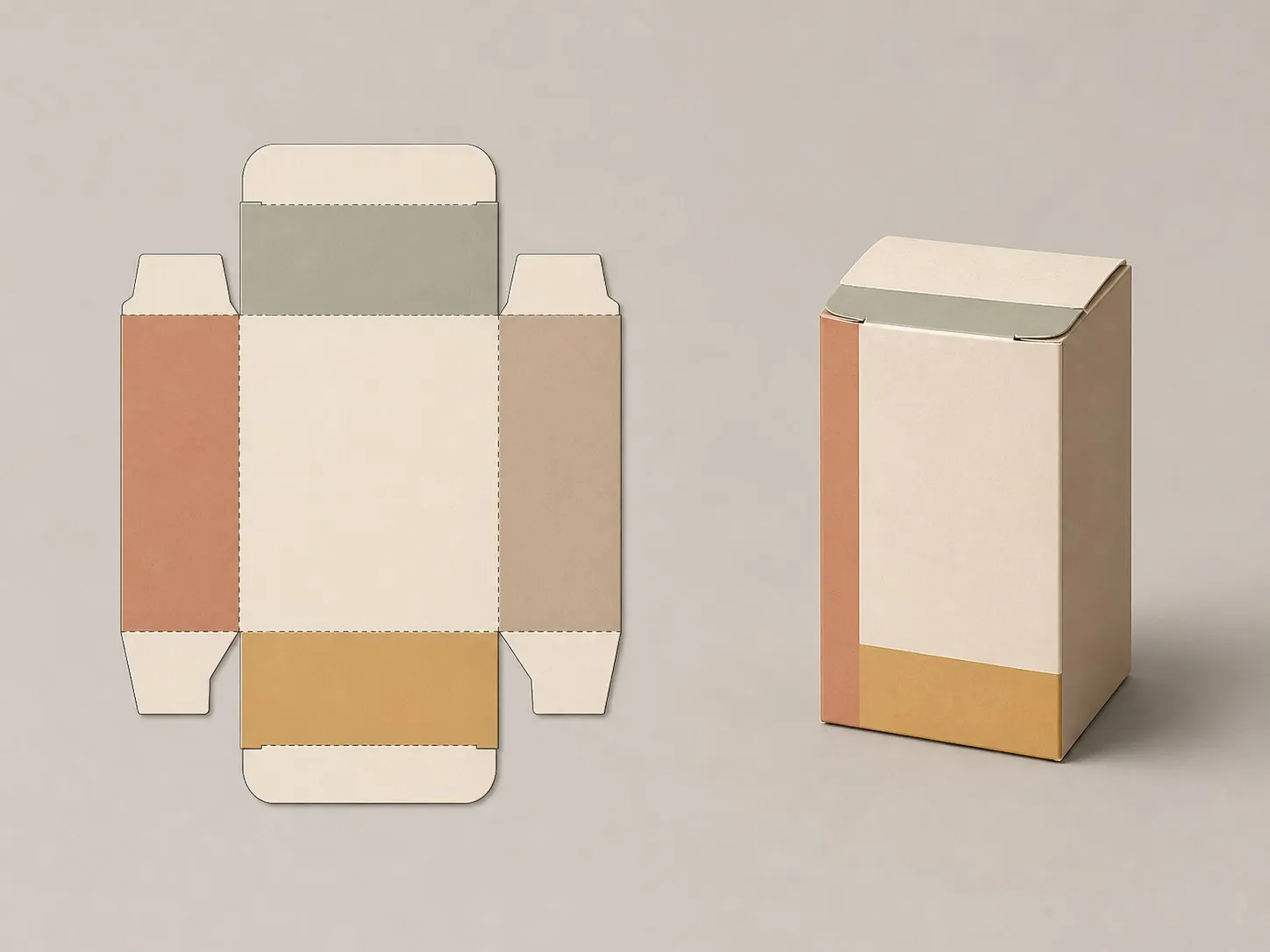 A flat carton dieline on the left and the same carton rendered folded on the right