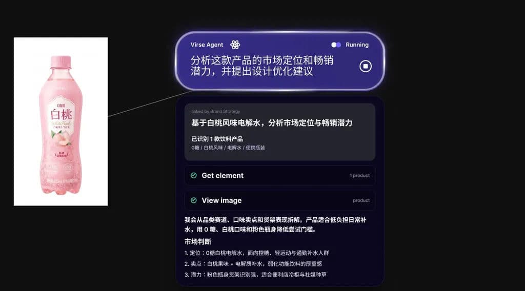 An image node of a peach drink wired into a running Agent that is analysing the product's market positioning