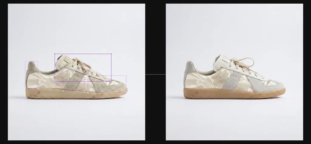 Before and after of a blurred shoe region replaced with high-resolution material