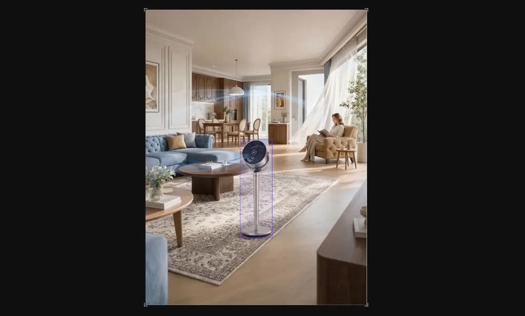 A detected air-purifier layer outlined within the living-room scene