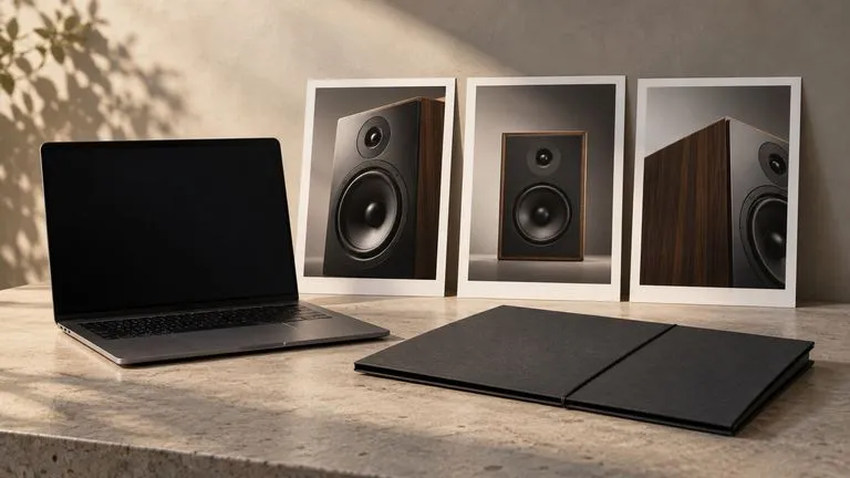 Concept illustration: A laptop with a deliberately blank dark display beside three speaker reference prints and a folded portfolio, no fake interface, no text