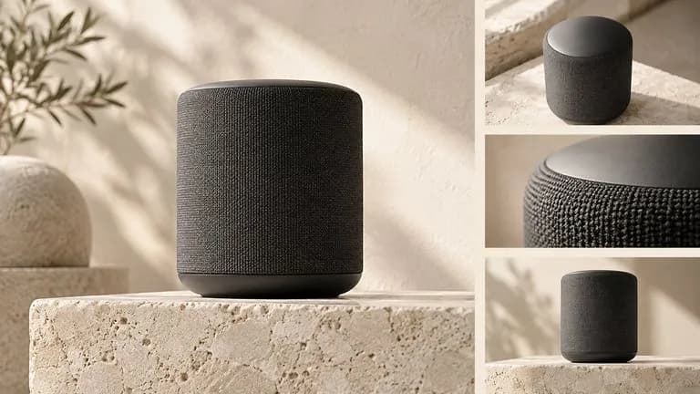 Concept illustration: A cream editorial board showing a graphite speaker hero photograph and a three-shot photographic storyboard, shared warm limestone palette and art direction