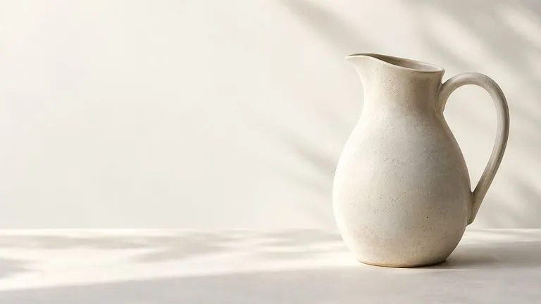 Concept illustration: Minimal product hero with a pale ceramic jug in the right third and generous uninterrupted ivory negative space on the left, advertising composition