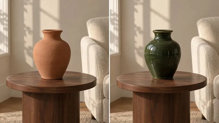 Concept illustration: Conceptual before/after diptych of one terracotta vase on a walnut side table beside a cream armchair. Left panel vase is unglazed terracotta; right panel the exact same vase is glazed deep forest gre