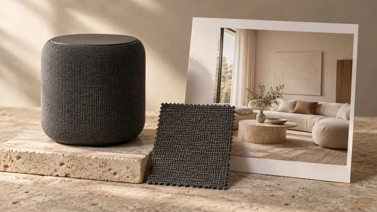 Concept illustration: A physical reference set of a graphite speaker photo, woven fabric swatch and warm cream interior photograph, neatly arranged on an art-direction table, no readable writing