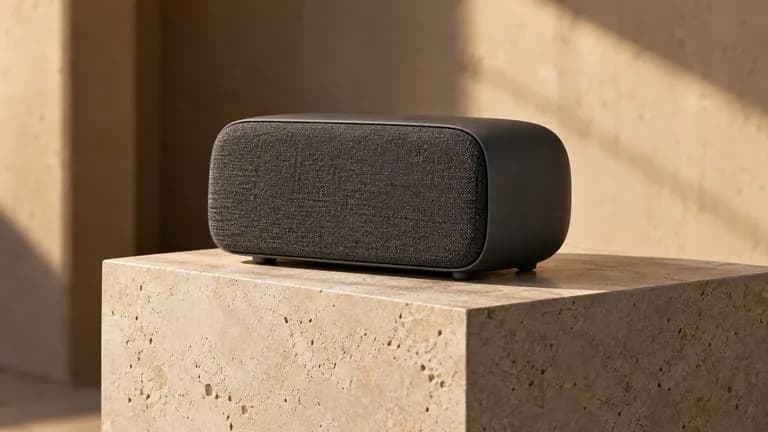 Concept illustration: Static scene concept for image-to-video: graphite desk speaker on limestone plinth seen from three-quarter angle, quiet warm studio, subtle sense of camera depth; no motion claims or video-player inte