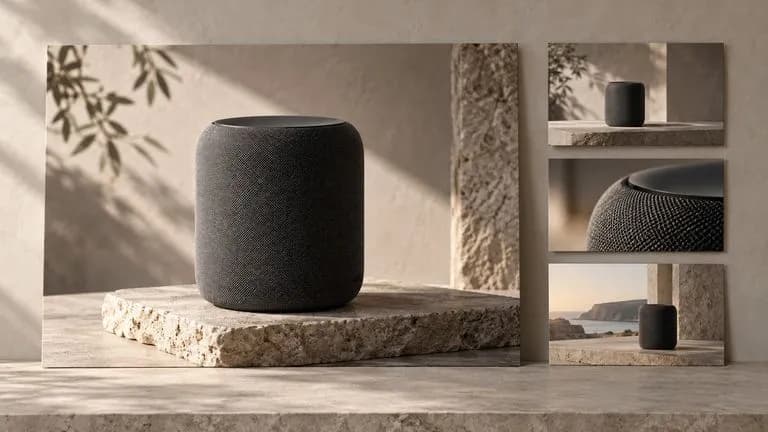 Concept illustration: Campaign art-direction tabletop with one large product hero print and three smaller scene storyboard prints, graphite speaker and limestone art direction consistent throughout, no labels