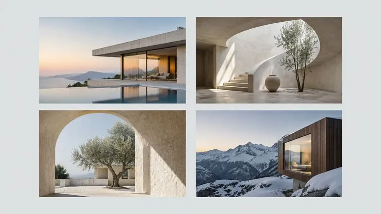 Concept illustration: Editorial flat lay of four architectural photographs and a pale grey blank margin, generous separation, publication art-direction concept, no text