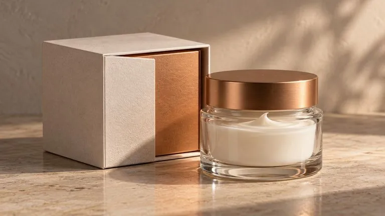 Concept illustration: Fictional cream product carton with copper insert beside a glass bottle, close view of material and arrangement, no labels or logos