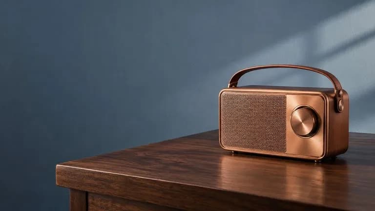 Concept illustration: A copper portable radio on a dark walnut table at the right, generous clean blue-grey wall at left for future copy, premium product campaign