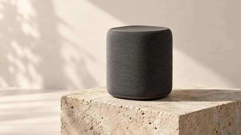 Concept illustration: Static product-motion scene concept: graphite speaker on limestone plinth, three-quarter camera, soft light with shadow, spacious cream studio