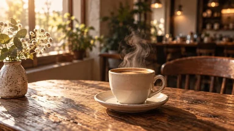 Concept illustration: Static cinematic cafe scene with a cream ceramic espresso cup in foreground, warm early morning light and natural steam, quiet lived-in environment, no text