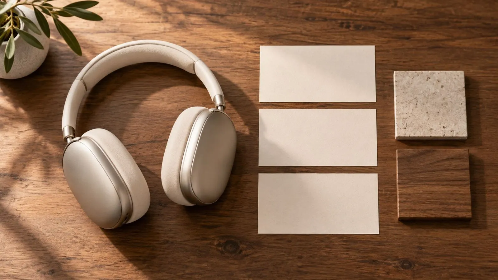 Concept illustration: Art director's tabletop with a large product photograph, three cut-paper rectangular placement guides and two material samples, warm studio light, no readable notes