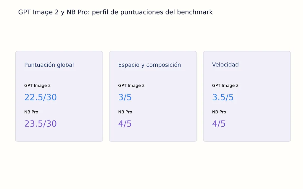 GPT Image 2 y NB Pro: perfil de puntuaciones del benchmark