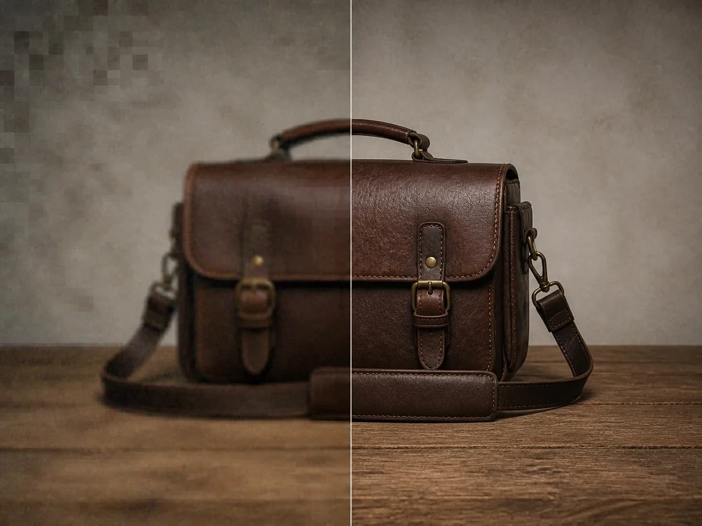 A soft, noisy, blocky photograph on the left and the same photograph repaired on the right