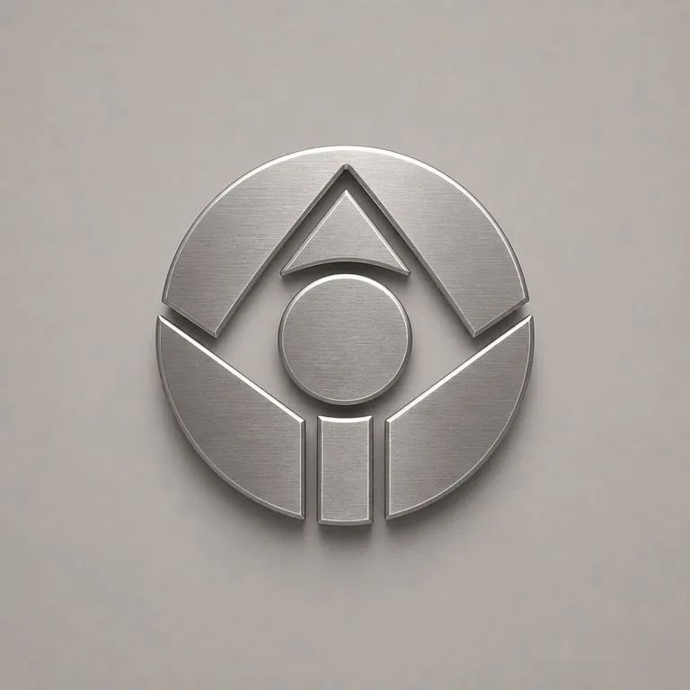 An abstract mark rendered in brushed steel with a shallow bevel