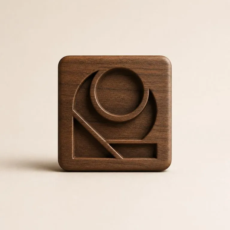 An abstract mark carved deep in walnut with the grain following the form