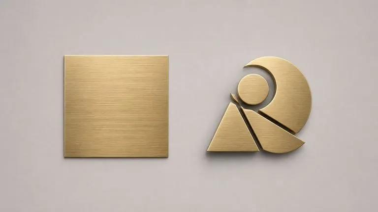 A material swatch beside a mark rendered in that exact finish