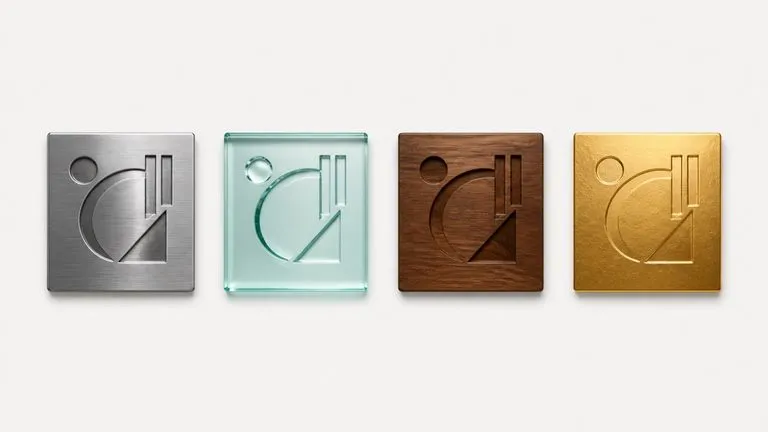 One mark shown in four material applications laid out as a brand deck page