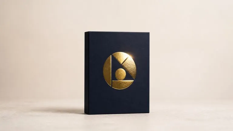 An abstract mark shown as a foil finish on a matte carton