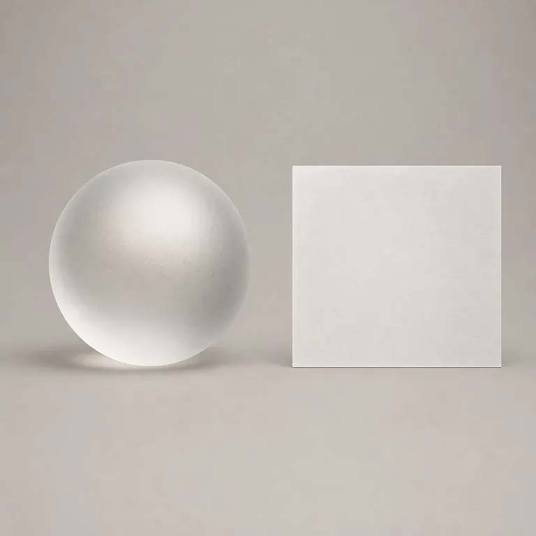 A frosted glass sphere with a broad diffuse highlight beside a near-white contrast map