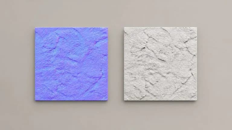 A violet-blue directional surface map beside a soft grey-scale shadow map of the same stone texture