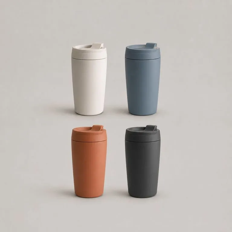 One travel mug shown in four colourways from one identical camera angle