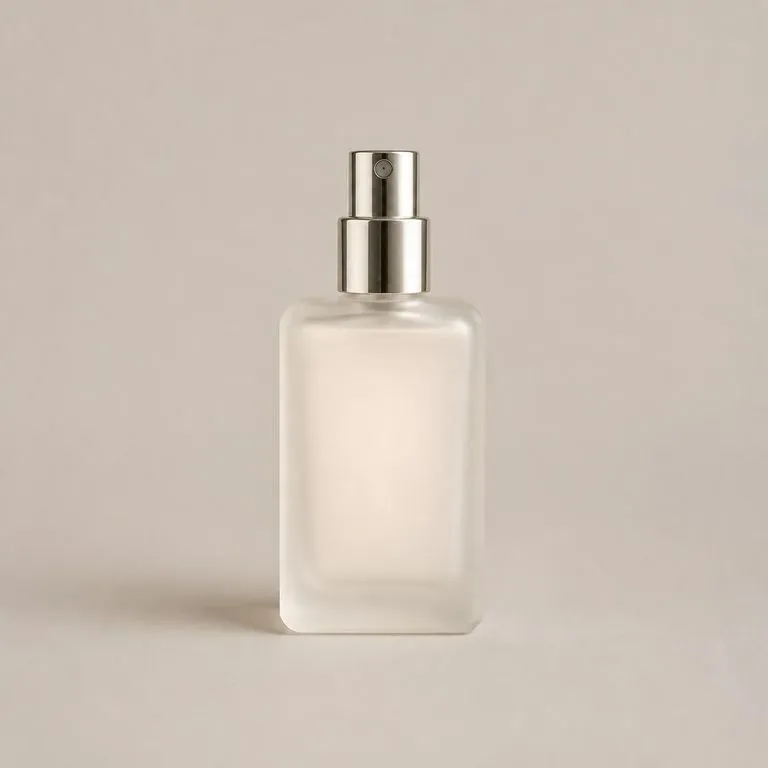 A perfume atomiser rendered in frosted glass with the translucency taken from a reference swatch