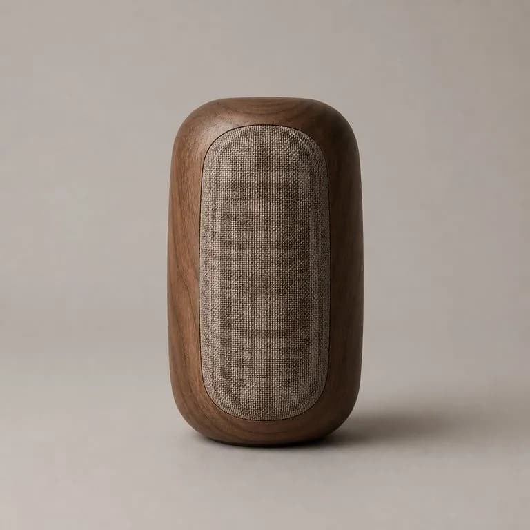 A rounded bluetooth speaker rendered in walnut with the grain following the curve of the body
