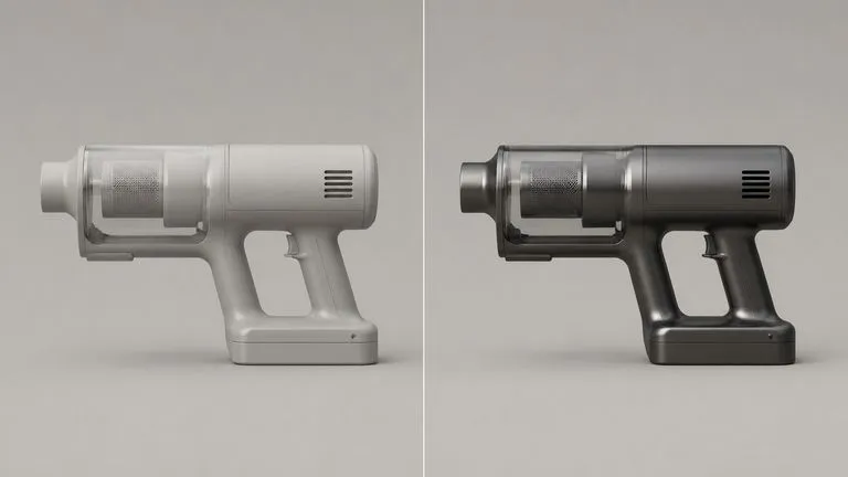 Close-up of a handheld vacuum shown twice with identical edges and part lines under two different finishes