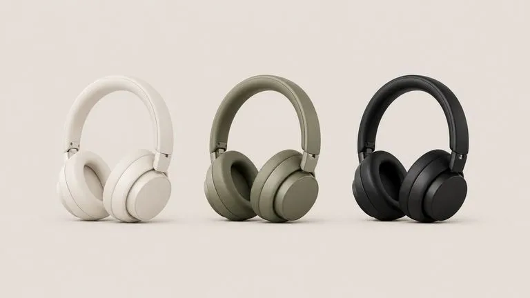 A pair of over-ear headphones shown in three colourways from one identical camera angle