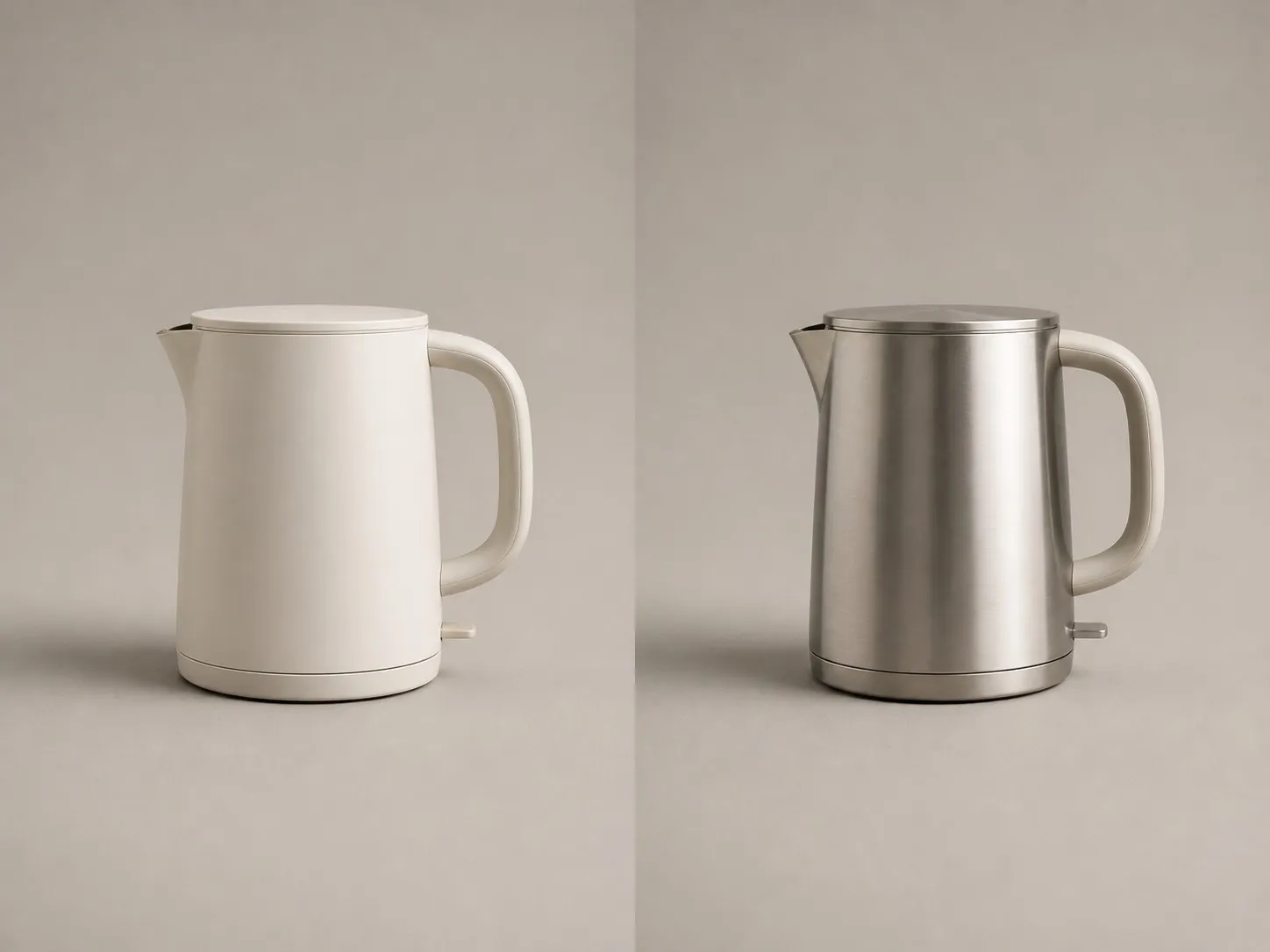 One electric kettle shown twice, in matte white polymer on the left and brushed stainless steel on the right