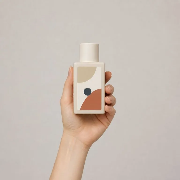 A bottle held with its label panel turned squarely to camera and staying crisp