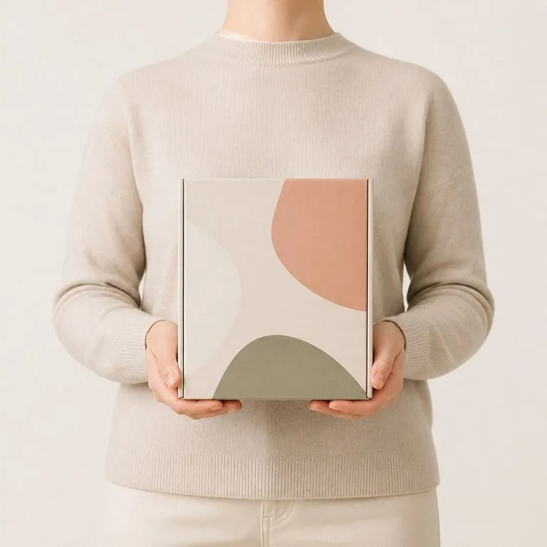 A boxed product raised to chest height in both hands as a category banner frame