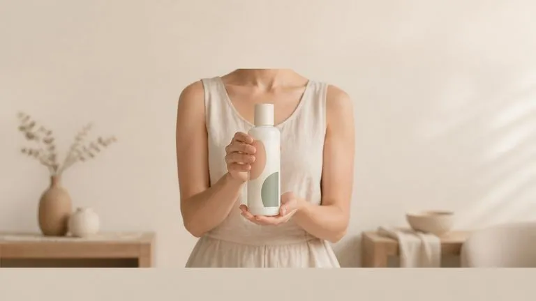 A skincare bottle held to camera in a soft lifestyle frame