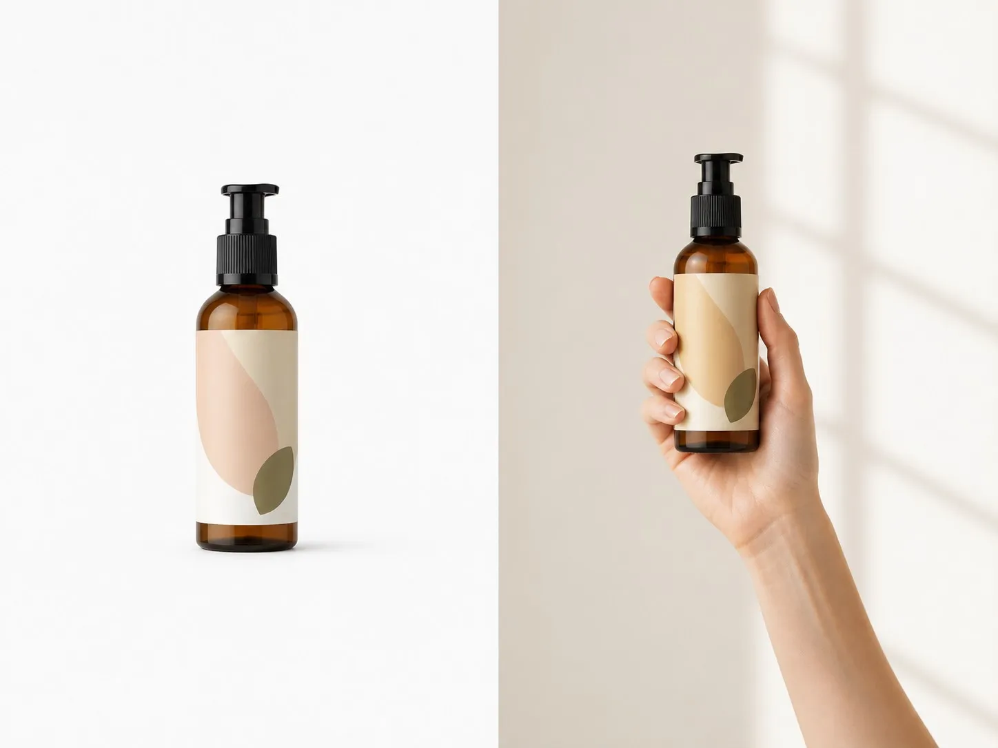 A plain skincare packshot on the left and the same bottle held in a model's hand on the right