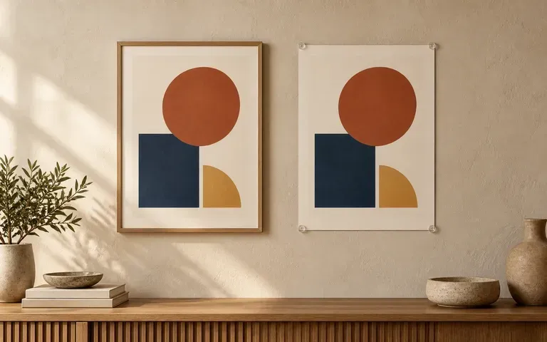 A poster displayed in a frame and an unframed wall setting