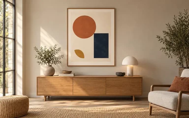 A framed poster shown with part of the surrounding room visible