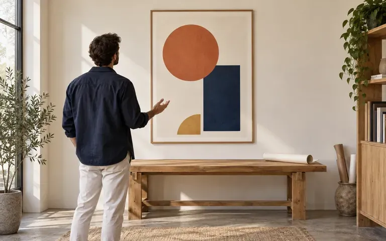 A designer presenting a completed poster on a wall