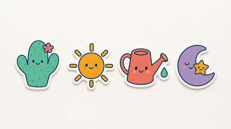 Four consistently styled stickers arranged in a tidy row for a shop catalogue