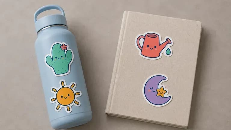 A few stickers stuck casually on a water bottle and a notebook