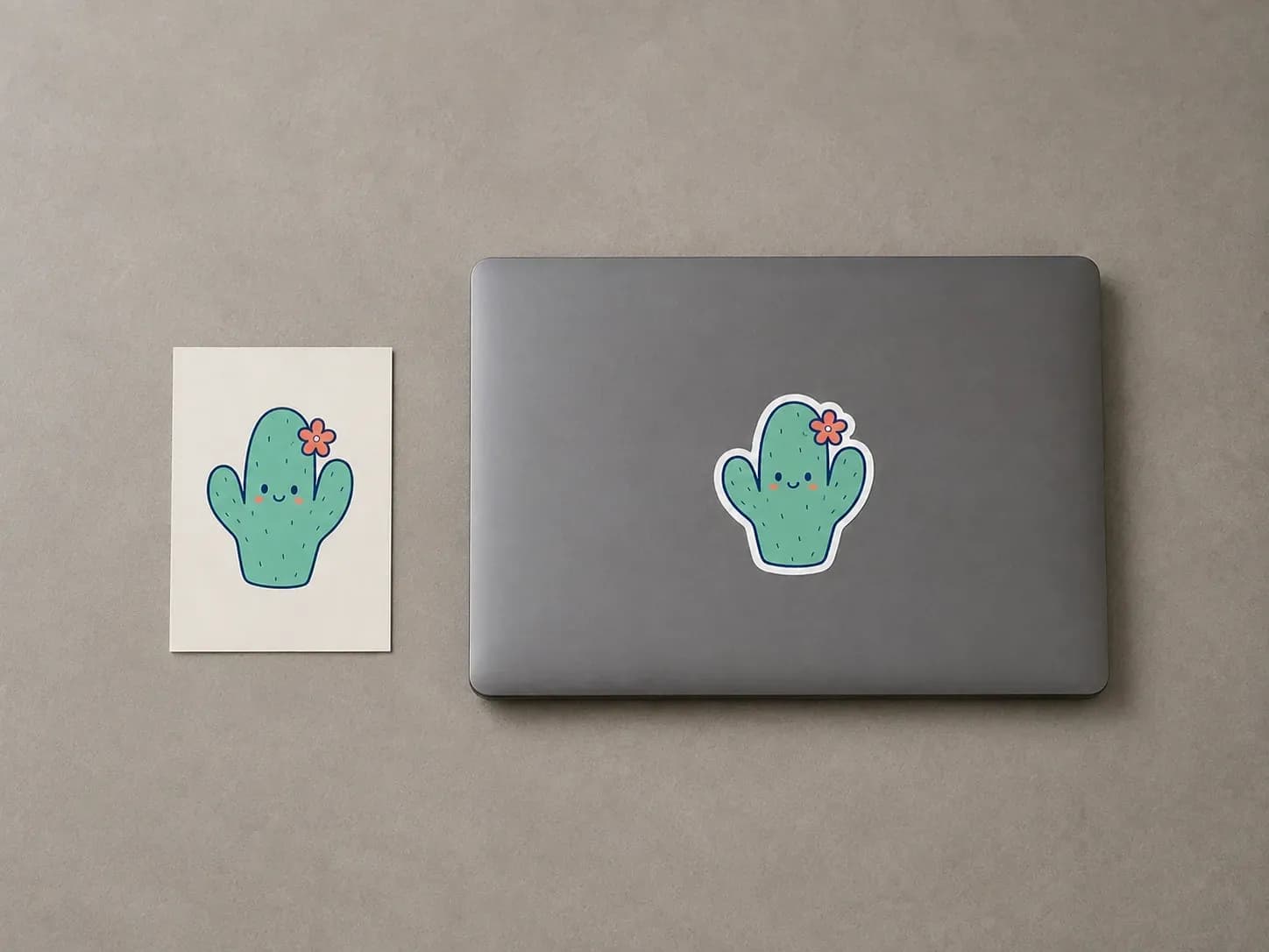 A cactus illustration reference beside the same character made into a die-cut sticker on a laptop lid