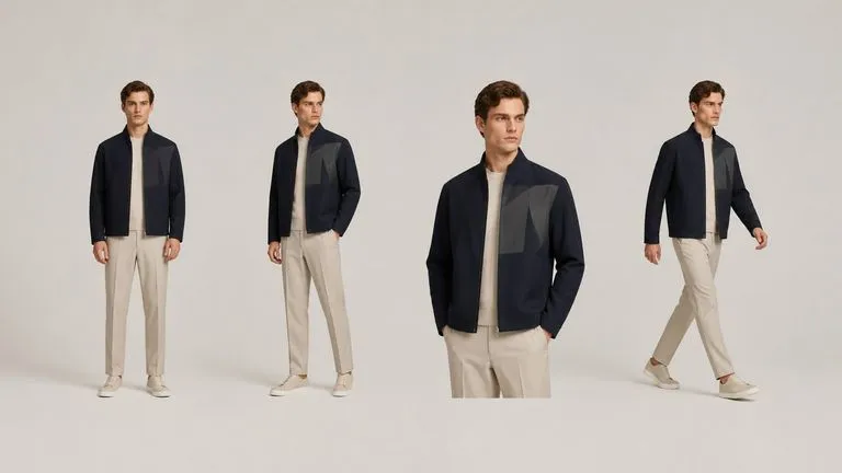 Four genuinely different poses and framings of one look