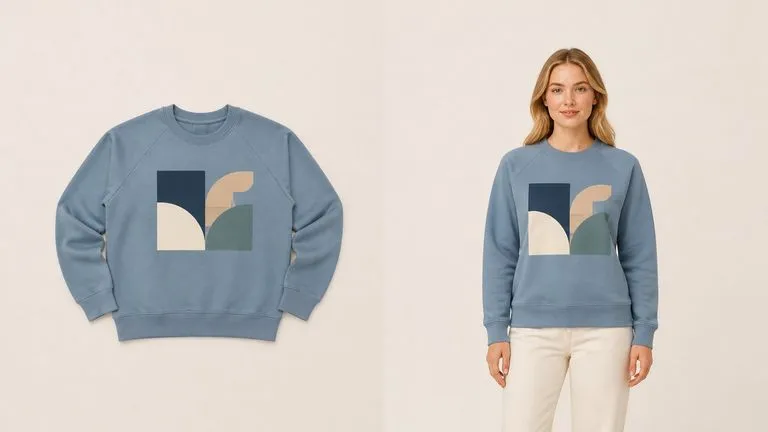 A flat garment beside the worn version with print placement and seams identical