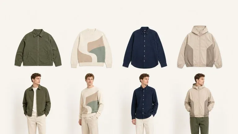 A row of flat garment shots above the same pieces shown worn