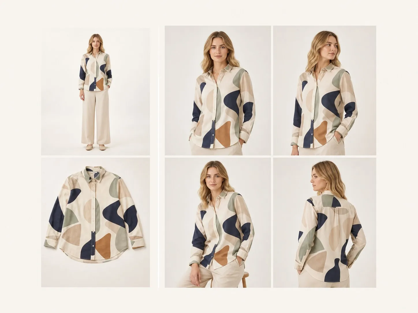 A model photo and a flat garment on the left, four on-model try-on shots on the right